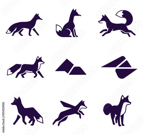 Collection of fox silhouettes and mountains on white background