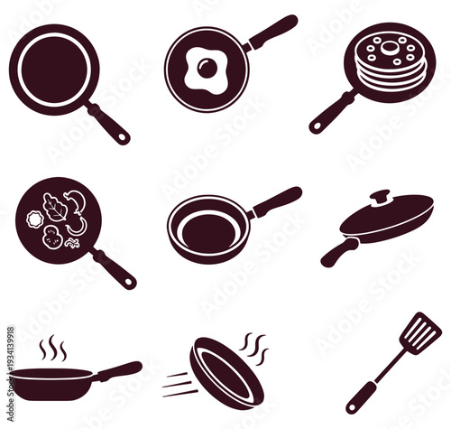 collection of frying pans and cooking utensils for kitchen use