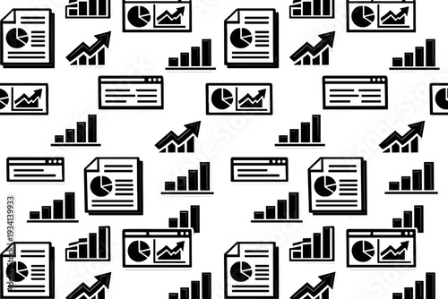 A seamless pattern of white business icons on a black background, featuring various financial charts, bar graphs, pie charts, and data reports in a flat sticker style.
