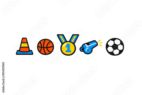 A row of five colorful sports icons including a traffic cone, basketball, first-place medal, whistle, and soccer ball, all set against a solid black background in a flat style.