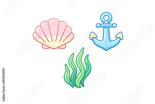 A collection of three cartoon icons featuring a pink seashell, a blue anchor, and green seaweed. These nautical elements are illustrated with bright colors on a black background.
