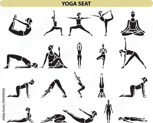 Set of 18 Yoga Seat Poses Vector Icons