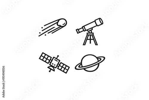 A set of four minimalist black line icons featuring space-related elements: a flying comet, an astronomical telescope, a communication satellite, and a ringed planet like Saturn.