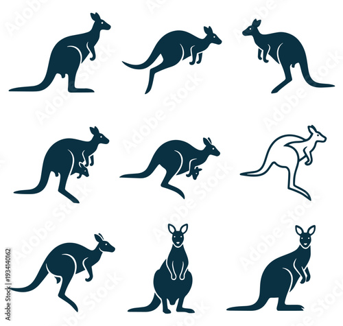 collection of kangaroo silhouettes in various poses on white background