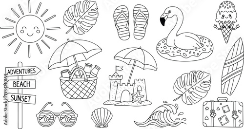 Summer Beach Doodle Icon Set with Sun, Umbrella, Sandcastle, Surfboard, Flamingo Float and Vacation Elements Outline Vector Collection