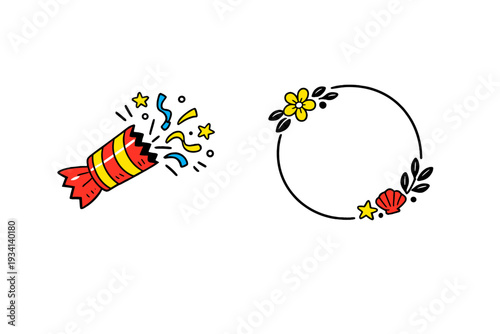 A festive illustration featuring a red and yellow party popper bursting with confetti next to a circular frame decorated with a yellow flower, a red seashell, and a star on a black background.