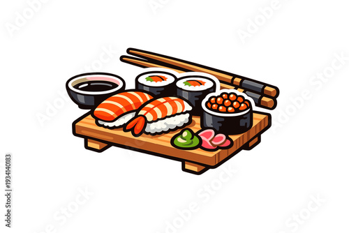 A sticker style illustration of a sushi platter featuring salmon nigiri, shrimp nigiri, maki rolls, and ikura on a wooden board with chopsticks, wasabi, ginger, and soy sauce.