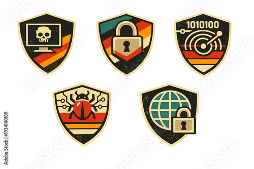 Five retro shield emblems representing cybersecurity concepts like malware, data encryption, threat detection, software vulnerabilities, and secure global networking.