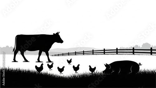 Farm animals silhouette of cow, pig, and chickens on a grassy field with a fence