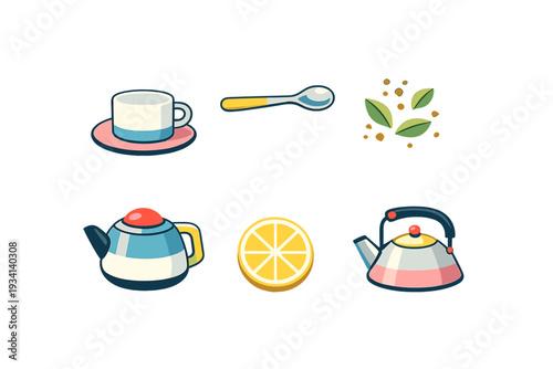 A collection of six tea-themed icons including a teacup, spoon, tea leaves, two different teapots, and a lemon slice, all presented in a flat vector style on a solid black background.