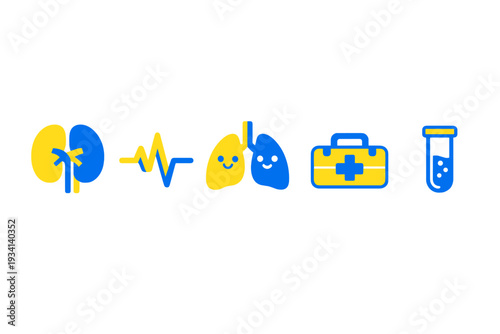 Five medical icons featuring kidneys, a heartbeat line, cute smiling lungs, a first aid kit, and a test tube, all rendered in yellow and blue against a solid black background.