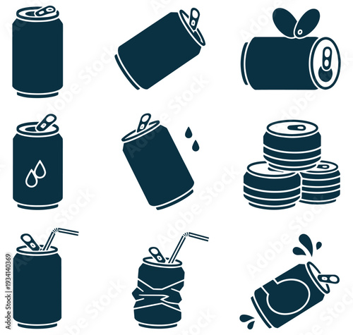 Collection of soda cans in various states and positions on white background