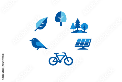 A collection of blue icons representing environmental sustainability, including a leaf, tree, forest, solar panel, bicycle, and bird, arranged in a circular pattern on a black background.