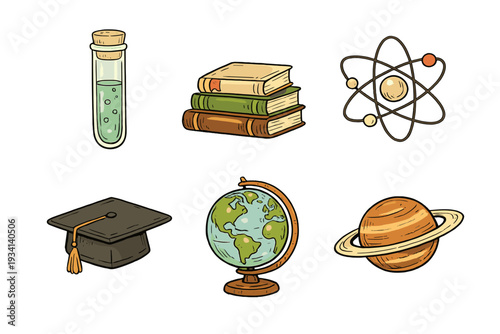 A collection of six hand-drawn educational icons including a test tube, stack of books, atom model, graduation cap, globe, and planet Saturn, set against a solid black background.