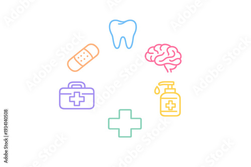 A collection of colorful neon medical icons arranged in a circle on a black background, featuring a tooth, brain, bandage, first aid kit, medical cross, and hand sanitizer bottle.