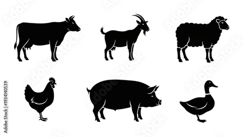 Diverse silhouettes of common farm animals cow, goat, sheep, chicken, pig, and duck icons