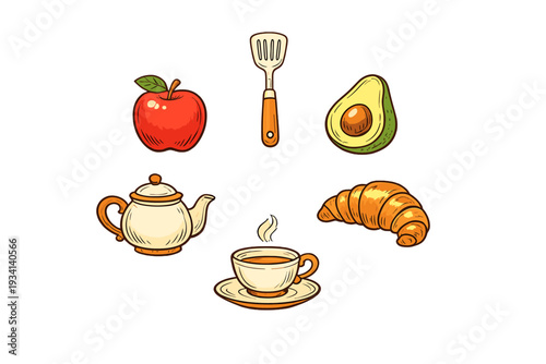 A collection of hand-drawn kitchen and food illustrations including a red apple, a spatula, an avocado, a croissant, a teapot, and a steaming cup of coffee on a black background.