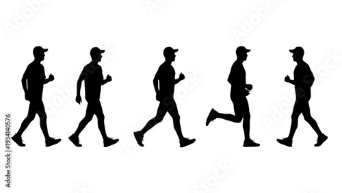Silhouettes of a man in motion, depicting walking and running stages