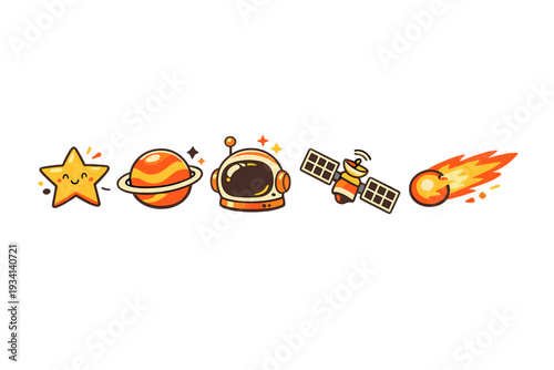 A collection of five cute cartoon space icons including a smiling star, a ringed planet, an astronaut helmet, a satellite, and a flaming meteor set against a solid black background.