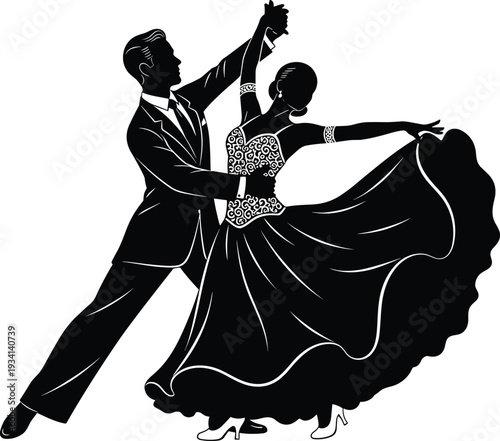 Elegant silhouette of a professional ballroom dance couple performing a graceful waltz with a flowing gown on a white background,