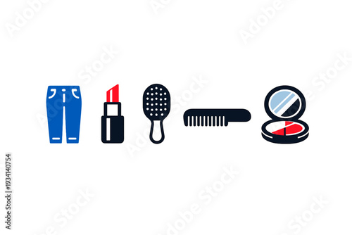 A collection of minimalist fashion and beauty icons featuring blue jeans, red lipstick, a hairbrush, a comb, and a makeup compact set against a solid black background.