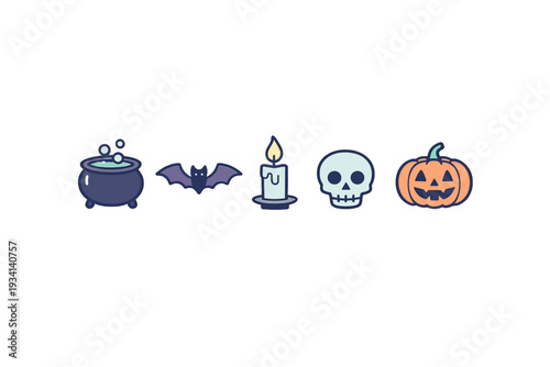 A row of five colorful Halloween icons including a bubbling cauldron, a purple bat, a lit candle, a light blue skull, and a carved orange pumpkin on a solid black background.