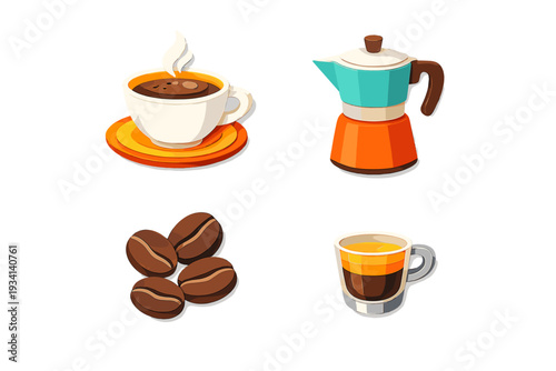 A set of four stylized 3D icons featuring a steaming cup of coffee on a saucer, a colorful moka pot, roasted coffee beans, and a layered espresso glass against a black background.