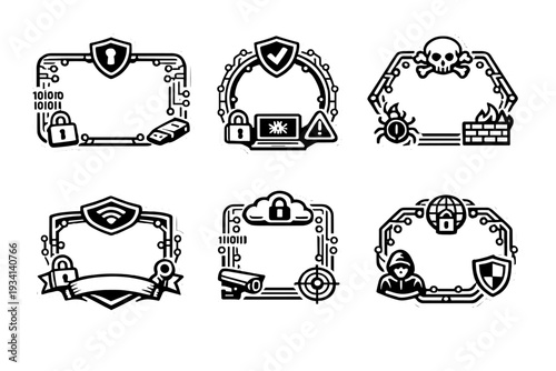 A collection of six white cybersecurity-themed frames on a black background, featuring icons like shields, locks, binary code, skulls, and hackers for digital security concepts.