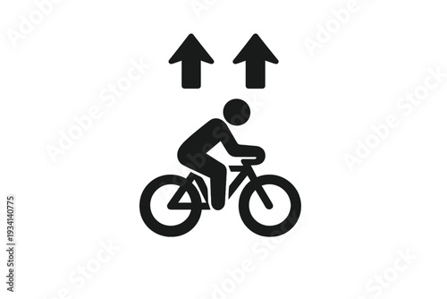 A minimalist graphic featuring a black silhouette of a cyclist riding a bike with two upward arrows above, all set against a dark background with subtle white speckles.