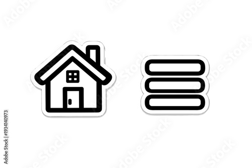 A black and white illustration featuring a house icon and a hamburger menu icon side by side. Both symbols have a thick white border and a subtle drop shadow against a dark background.