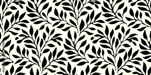 Elegant black and white botanical pattern with flowing leaf shapes