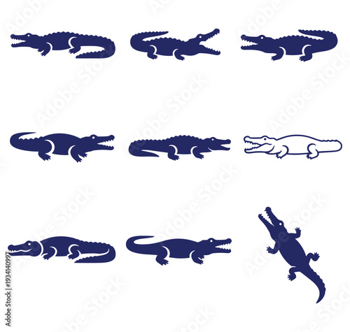 Collection of various crocodile silhouettes in different poses on white background