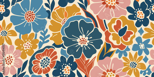 Colorful floral pattern with stylized blossoms and repeating botanical elements