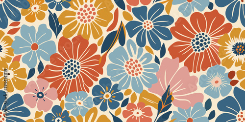 A seamless floral pattern featuring stylized blooms in warm and cool tones