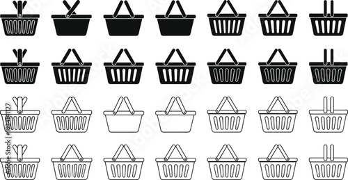 Shopping Basket Icon Set in Solid and Outline Styles with Retail Cart Containers for Supermarket and Ecommerce Design