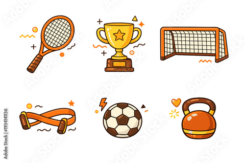 A collection of six stylized sports icons including a tennis racket, trophy, soccer goal, jump rope, soccer ball, and kettlebell, all featuring an orange and brown color scheme.