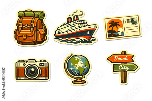 This set of six retro travel stickers includes a backpack, an ocean liner, a tropical postcard, a vintage camera, a world globe, and a wooden signpost on a black background.