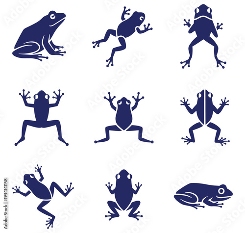 Collection of various frog silhouettes in different poses on white background