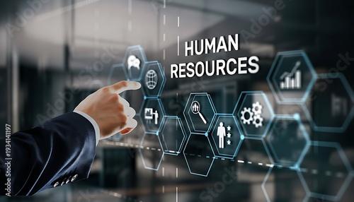Human resources technology interface with businessman hand pointing at HR icons for recruiting, talent management and analytics featuring HR, hr software, recruitment with hiring and onboarding