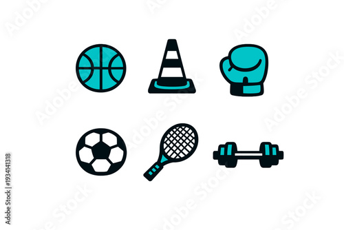 A collection of six minimalist sports icons including a basketball, training cone, boxing glove, soccer ball, tennis racket, and barbell set against a dark background.