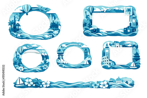 A collection of blue paper-cut style frames and a border featuring world landmarks, travel icons, waves, and flowers. Ideal for scrapbooking, photo albums, or travel-themed designs.