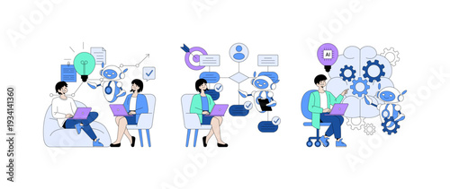 Collaborative Brainstorming with AI Robots Vector Illustration