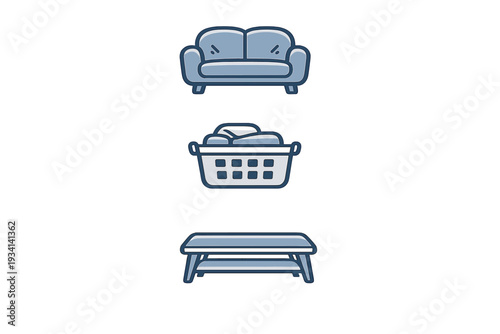 A set of three minimalist blue icons featuring a sofa, a laundry basket filled with clothes, and a coffee table, all presented in a flat design style on a black background.