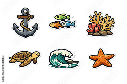 A collection of six nautical stickers featuring an anchor, colorful fish, coral reef, sea turtle, ocean wave, and a starfish, all designed with bold outlines and white borders on a black background.