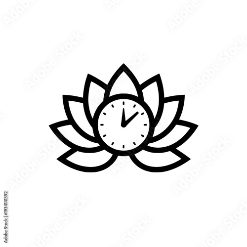 Meditation timer icon. Lotus flower and clock sign and symbol. Mindfulness, yoga, and wellness app design. Vector illustration isolated on white background.