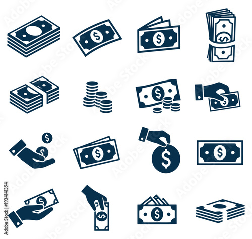 Collection of various money icons including cash coins and hands handling currency