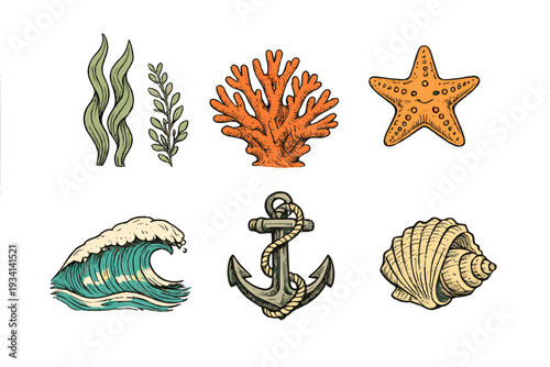 A collection of vintage-style hand-drawn marine illustrations including seaweed, coral, a starfish, a wave, an anchor with rope, and a seashell, all set against a solid black background.