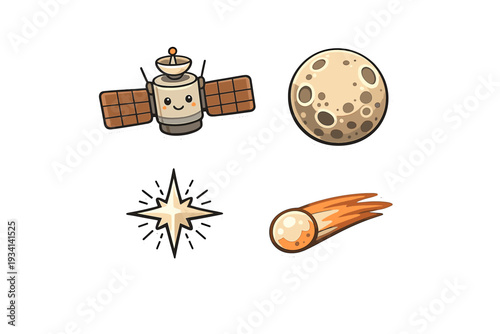 A collection of four cute space-themed stickers featuring a smiling satellite, a cratered moon, a bright shining star, and a flying comet, all set against a solid black background.