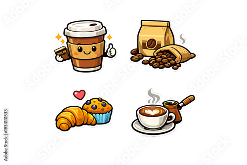 A collection of four coffee-themed sticker illustrations featuring a cute cartoon cup, coffee beans in bags, a croissant with a muffin, and a latte with a traditional cezve pot.