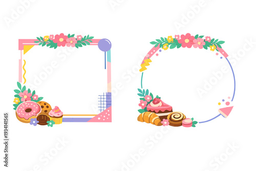 A set of two illustrated frames featuring floral arrangements and assorted pastries including donuts, cakes, and croissants, presented on a dark background in a cute style.